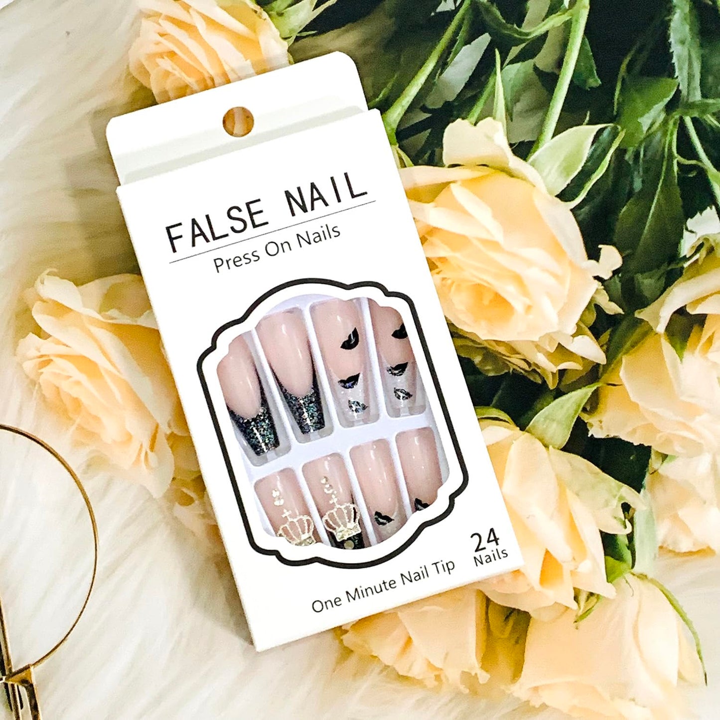 Vezocim French Tips Press on Nails Coffin Long Glossy Full Cover Acrylic Square Fake Nails with Crown Gems Designs Extra Long Artificial False Nails Glue Stick on Fingernails with Charm for Women