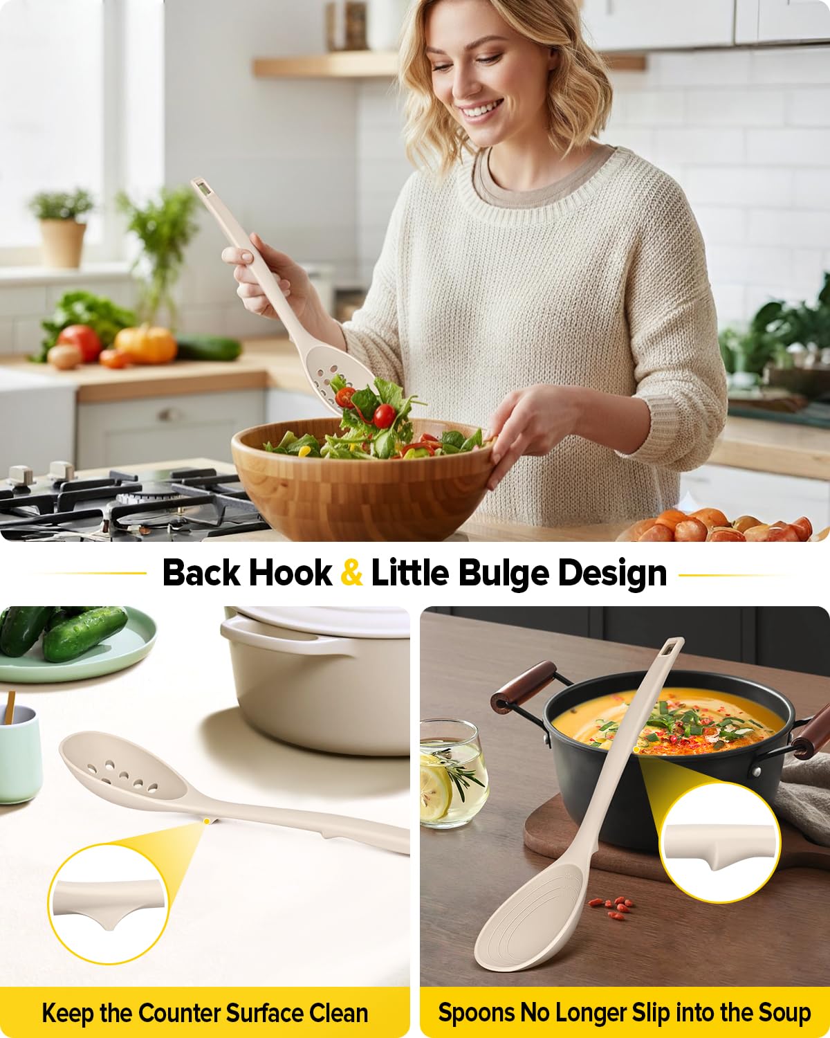 Pack of 2 Silicone Cooking Spoons, Non Stick Solid Kitchen Spoon with Measuring Marks & Back Hooks, Heat Resistant Silicone Slotted Spoon for Cooking, Mixing, Stirring,Serving(KHAKI)