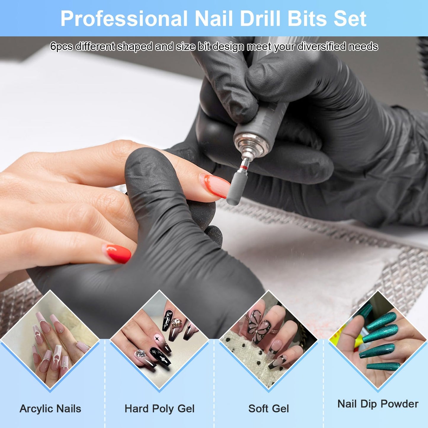 CGBE Nail Drill Bits, 6 Piece Nail Drill Bit Grinding Heads Carbide Machine Accessories for Manicure Remove Acrylic or Hard Gel Polygel, 3/32 Inch Professional Bits for Nail Cutter - Fine