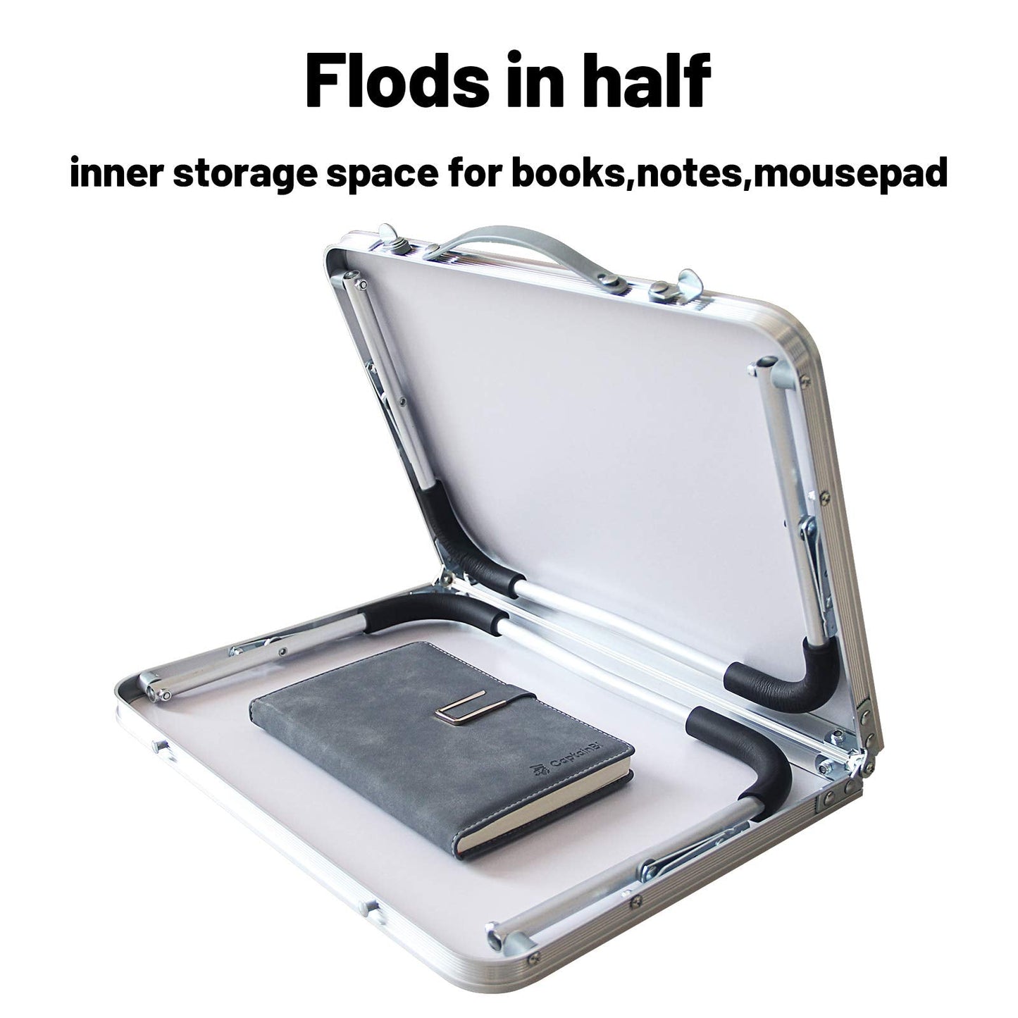 Jucaifu Foldable Laptop Table, Bed Desk, Breakfast Serving Bed Tray, Portable Mini Picnic Table & Ultra Lightweight, Folds in Half with Inner Storage Space (Silvery)