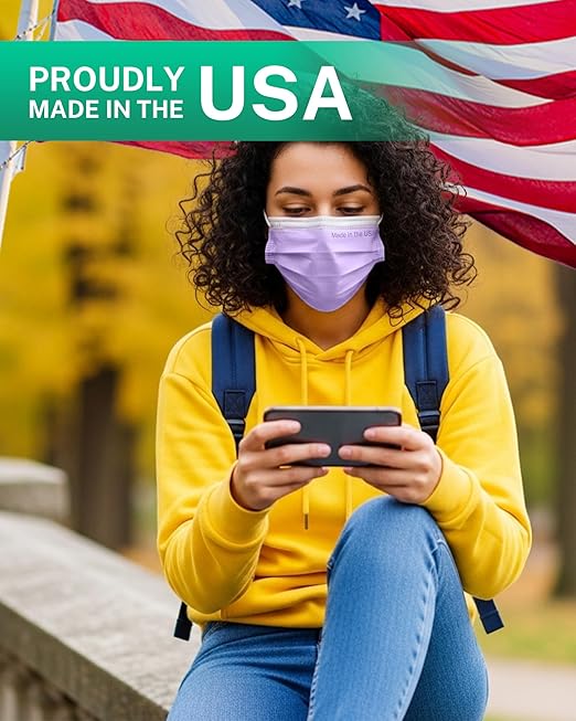 Disposable Face Masks Made in USA, 4 Ply for Families, Students, Breathable All-Day Wear & Safety, FSA HSA Eligible, ASTM Level 3 Medical Grade, 50 Pack, Purple