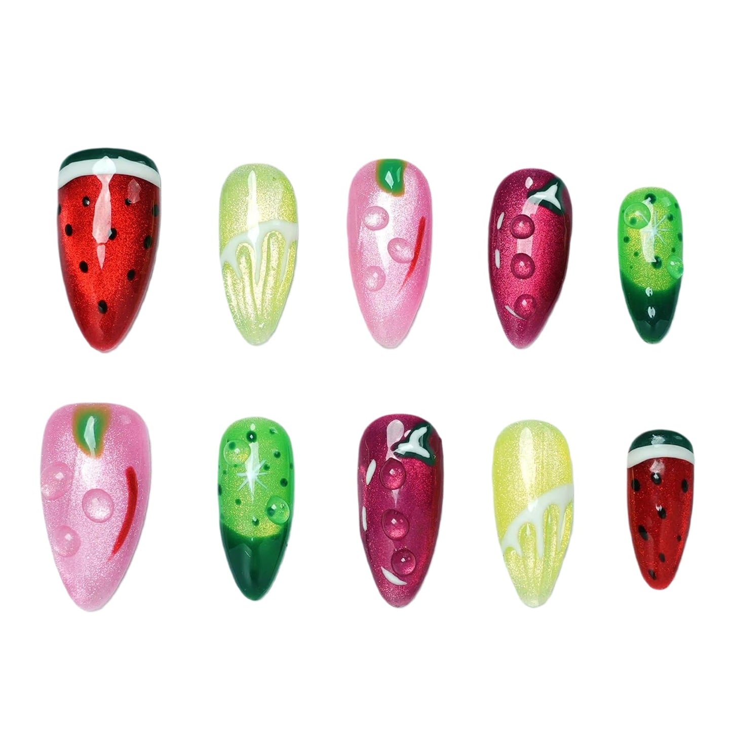 Tesytto Cat Eye Press on Nails Medium Almond - Fruit Design with Hand-painted Watermelon & Lemon, 3D Water Drop Cute Edgy Style, Thick Acrylic Multi-Layer Gel False Nails for Summer (Fruit Party, M)