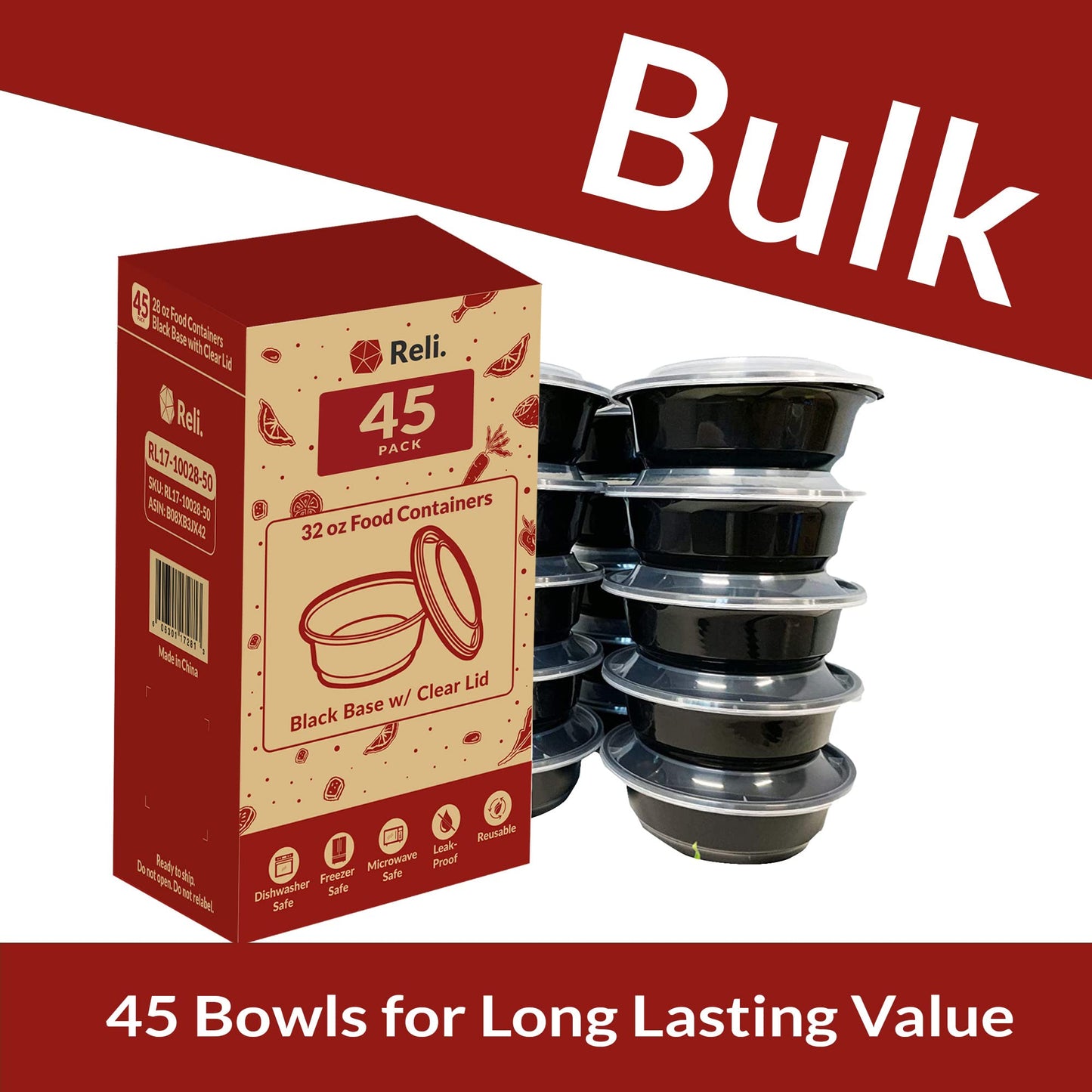 Reli. Meal Prep Containers, 32 oz. | 45 Pack | Reusable Meal Prep Bowls/Food Containers | Microwavable Bowls with Airtight Lids, Black Food Storage