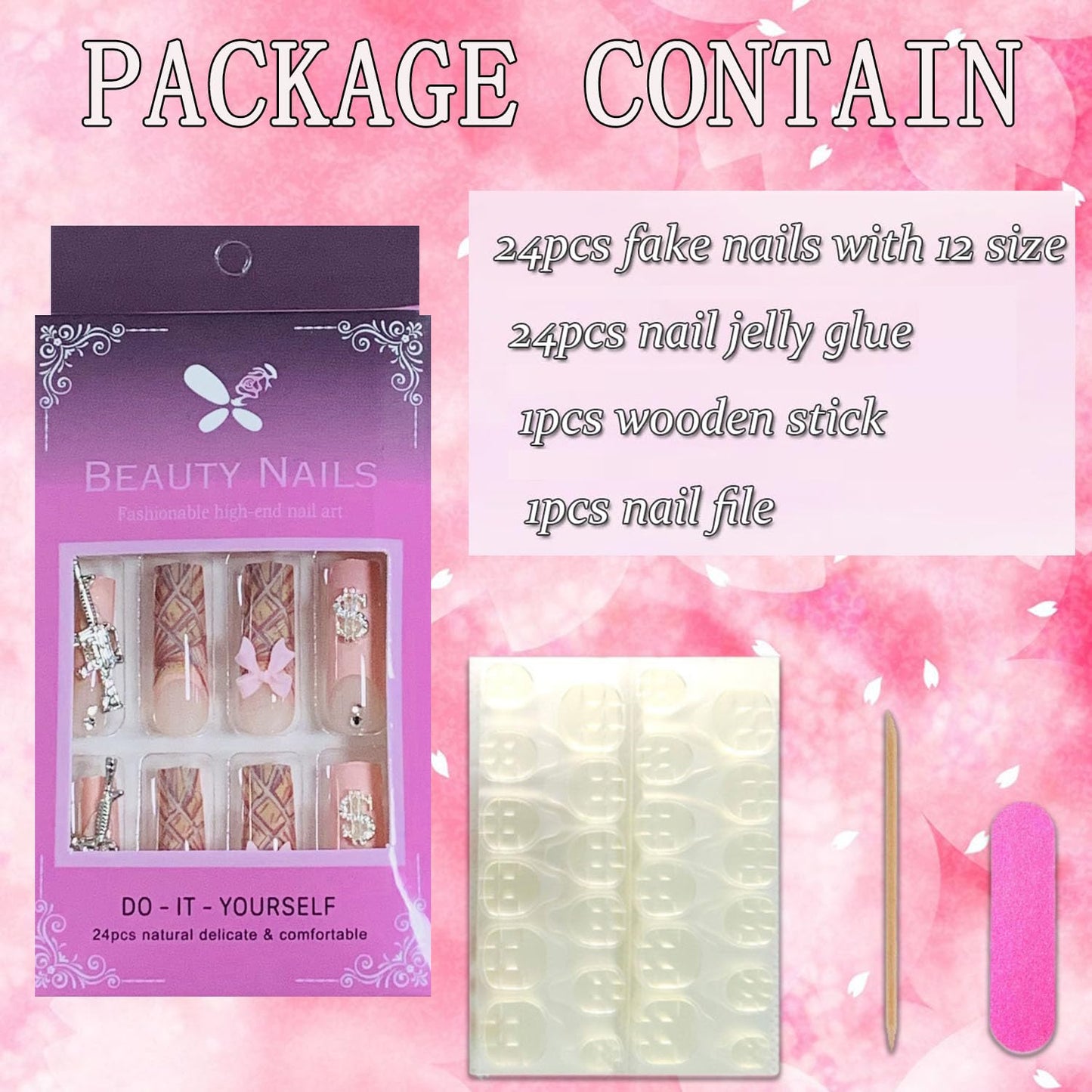 FIEONCIY Press on Nails Coffin Long Length Acrylic Glossy Full Cover Square Shaped French False Nails with Designs Artificial Extra Long Fake Nails with Charms Glue ons Fingernails for Women(AA106)