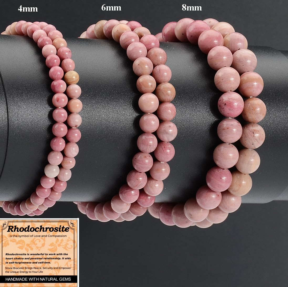 MASSIVE BEADS Rhodochrosite - Stone of Love and Compassion - Handmade Yoga Stretch Elastic Bracelet Natural Stone Crystal Healing Power Energy Gifts for Unisex Adult 4mm
