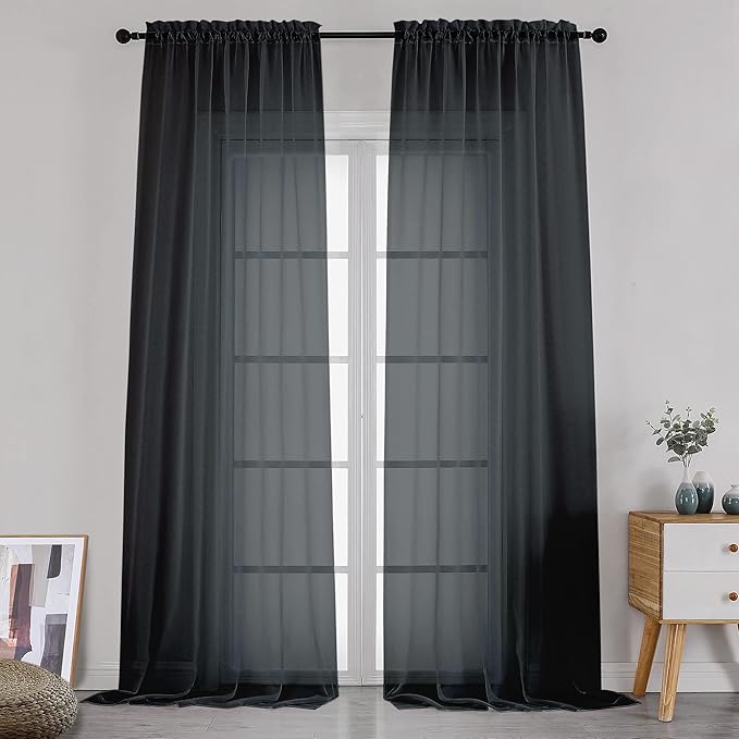 Simplebrand Black Sheer Curtains 120 Inches Long, Extra Long Rod Pocket Solid Color Window Sheer Curtain Panels, Elegant Curtains & Drapes for Living Room, Bedroom 2 Panels (Black, 2x42x120'')