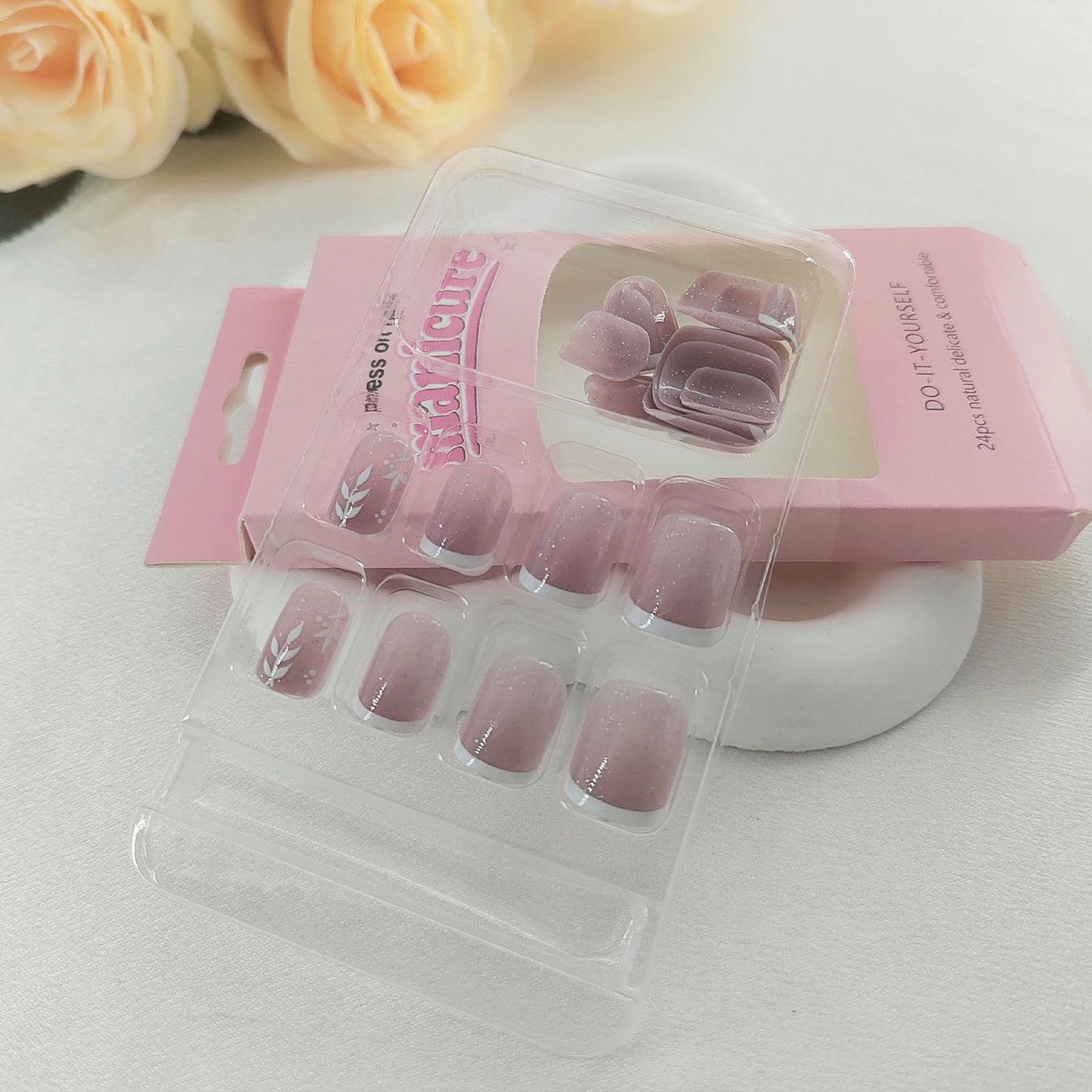 Press on Nails Short Square White French Tip Fake Nails Press ons with Glitter Leaves Designs Acrylic Nails Glossy Glue on Nails Light Purple Full Cover Stick on Nails for Women 24 Pcs