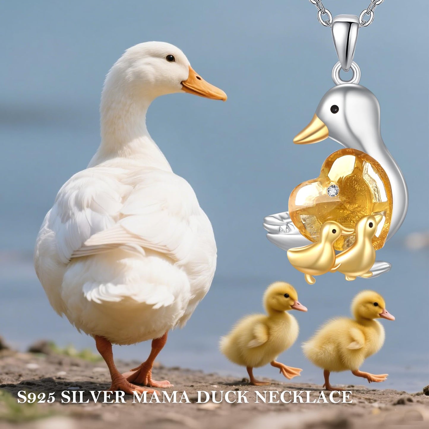 AENEAS Valentines Day Gifts for Women Her Mama Duck Necklace for Women 925 Sterling Silver Mother Duck Citrine Pendant Necklace Cute Animal Jewelry Gifts for Mom