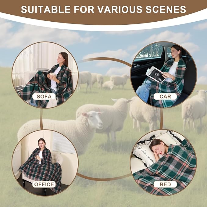 Throw Blanket Plaid with Carry Bag | Soft Wool Travel Blanket 55"x83" 1.5lbs | Classic Green Plaid Decorative Throw for Couch, Camping & Gift