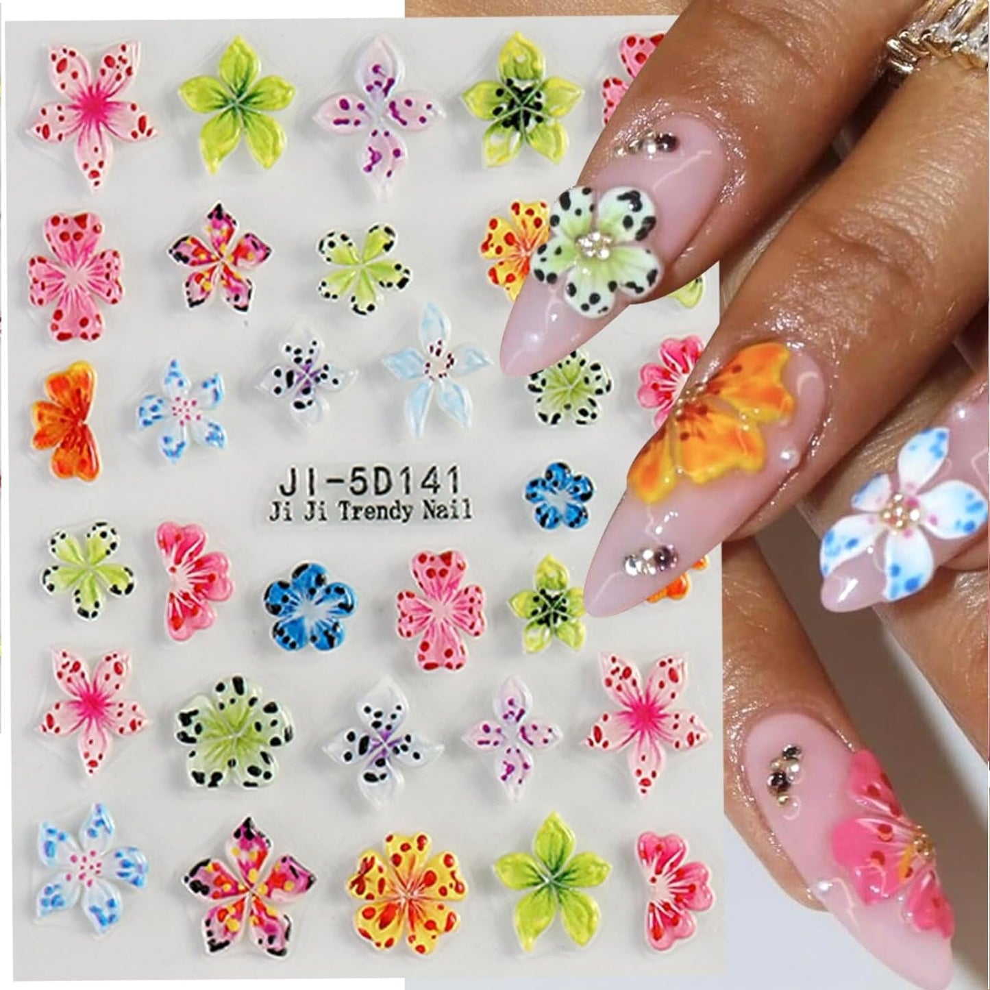 4 Sheets Flower Nail Art Stickers 5D Self Adhesive Spring Nail Stickers for Nails Art Colorful Flower Nail Decals Embossed Design Cute Nail Sticker for Women DIY Acrylic Nails