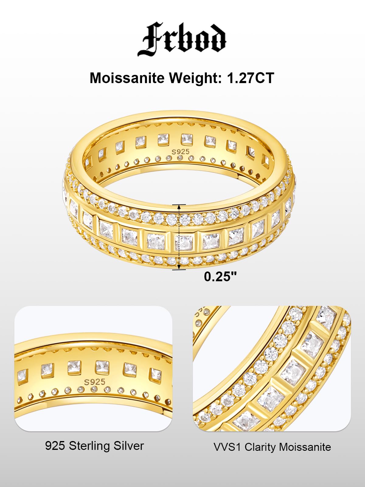 Frbod Women's Moissanite Ring Princess Cut Diamond Wedding Band Chunky Gold Plated Rings Gifts for Men Size 10
