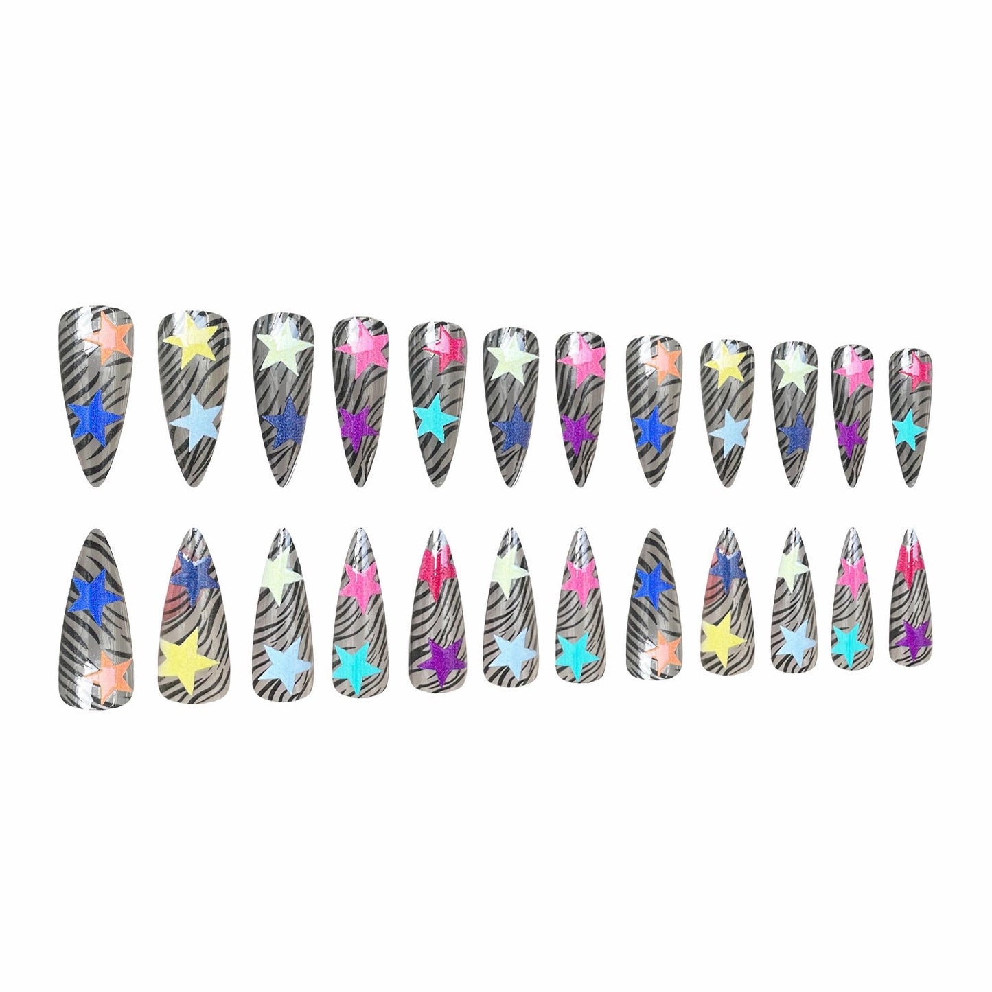 MERVF Long Stiletto Press on Nails - Colorful Star Fake Acrylic Nails, Tiger Animal Print Design Almond Summer 24pcs Glossy