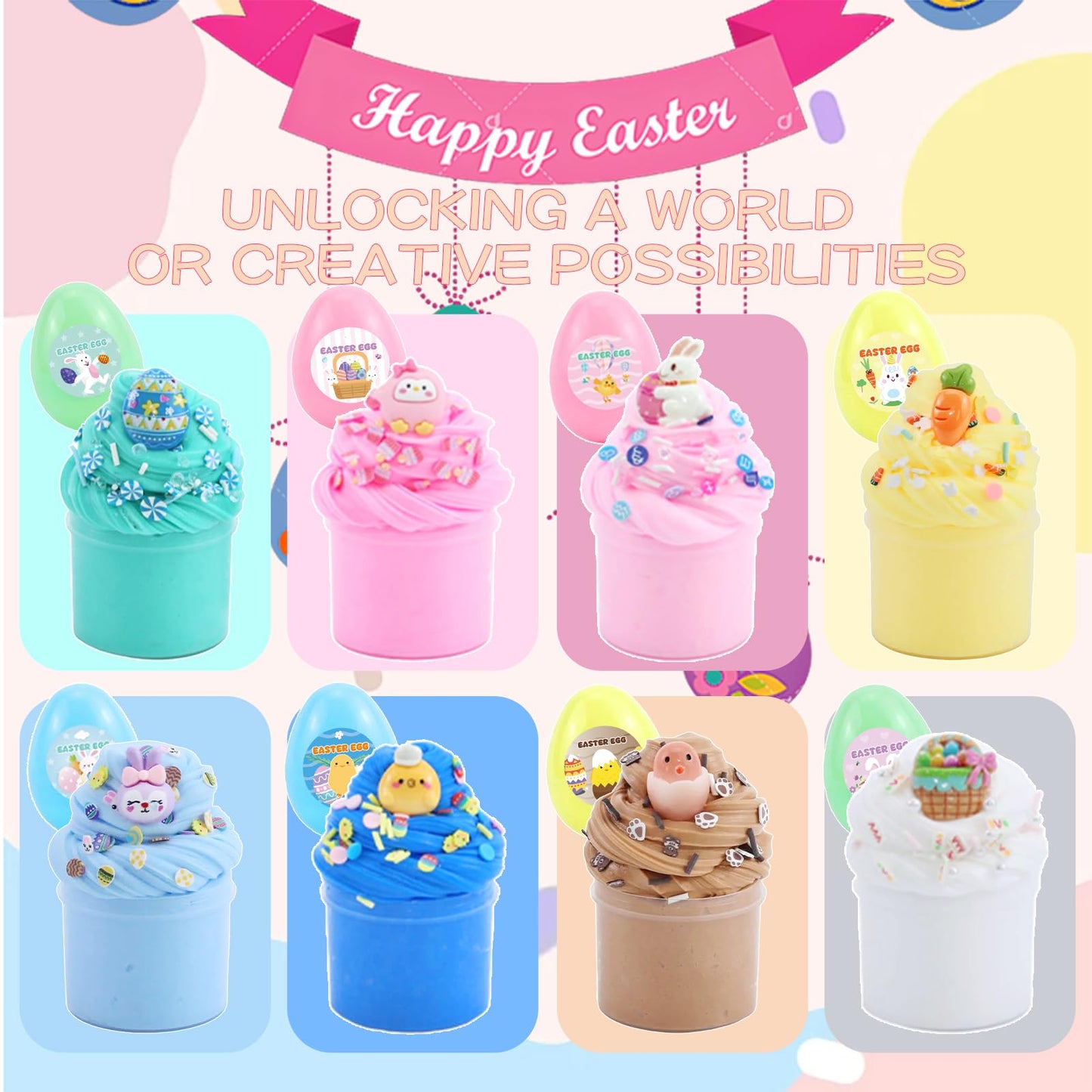 KUALUDJIT 8Pack Butter Slime kit for Kids,Easter Basket Stuffers Party Favors Stretchy and Non-Sticky, Sensory Play Kit and Easter Basket Fillers Slime and Charms - Prefilled Eggs