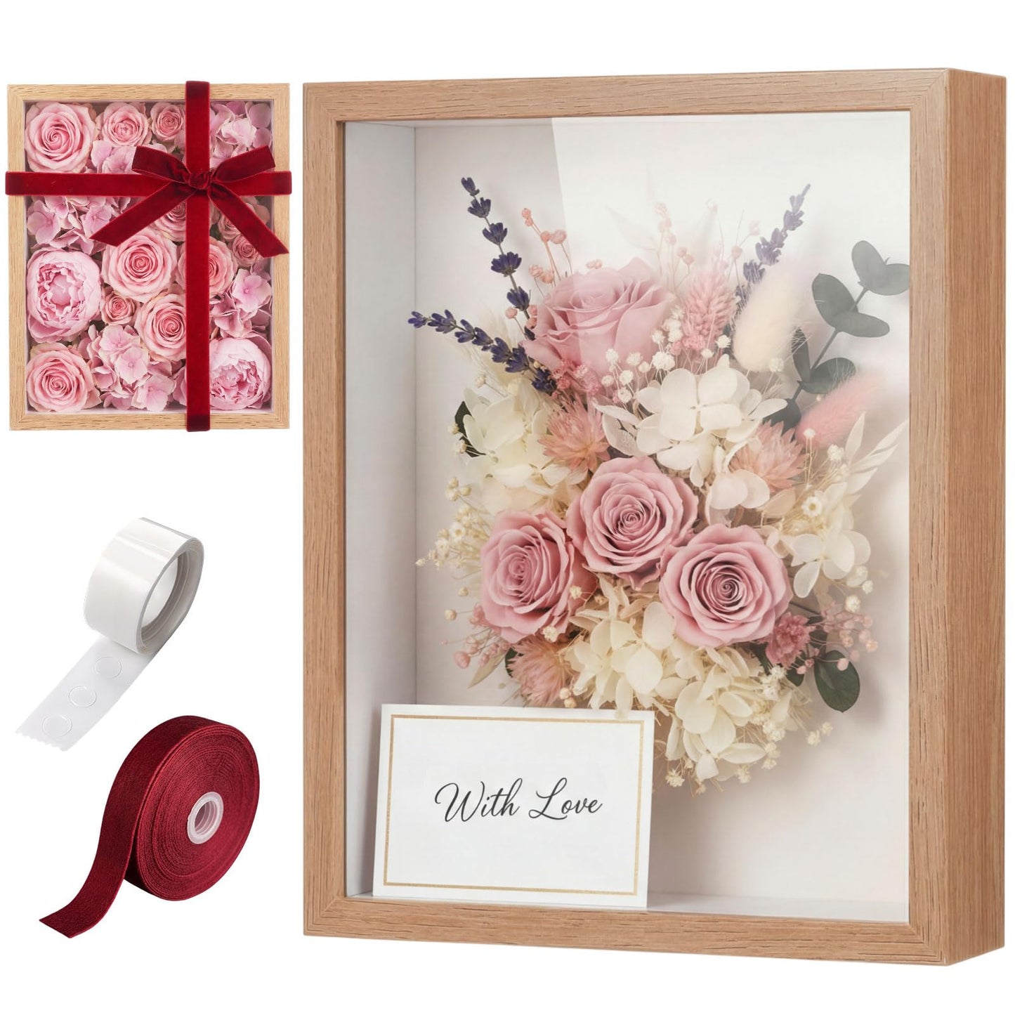 BrightRow 8"x10" Wedding Shadow Box Frame Flower Display Case Kit, DIY Wood Color Picture Gift Box with Lid Deep Glass Case Red Velvet Ribbon for Gift Wrapping Craft Bouquet Flower Keepsake Memory
