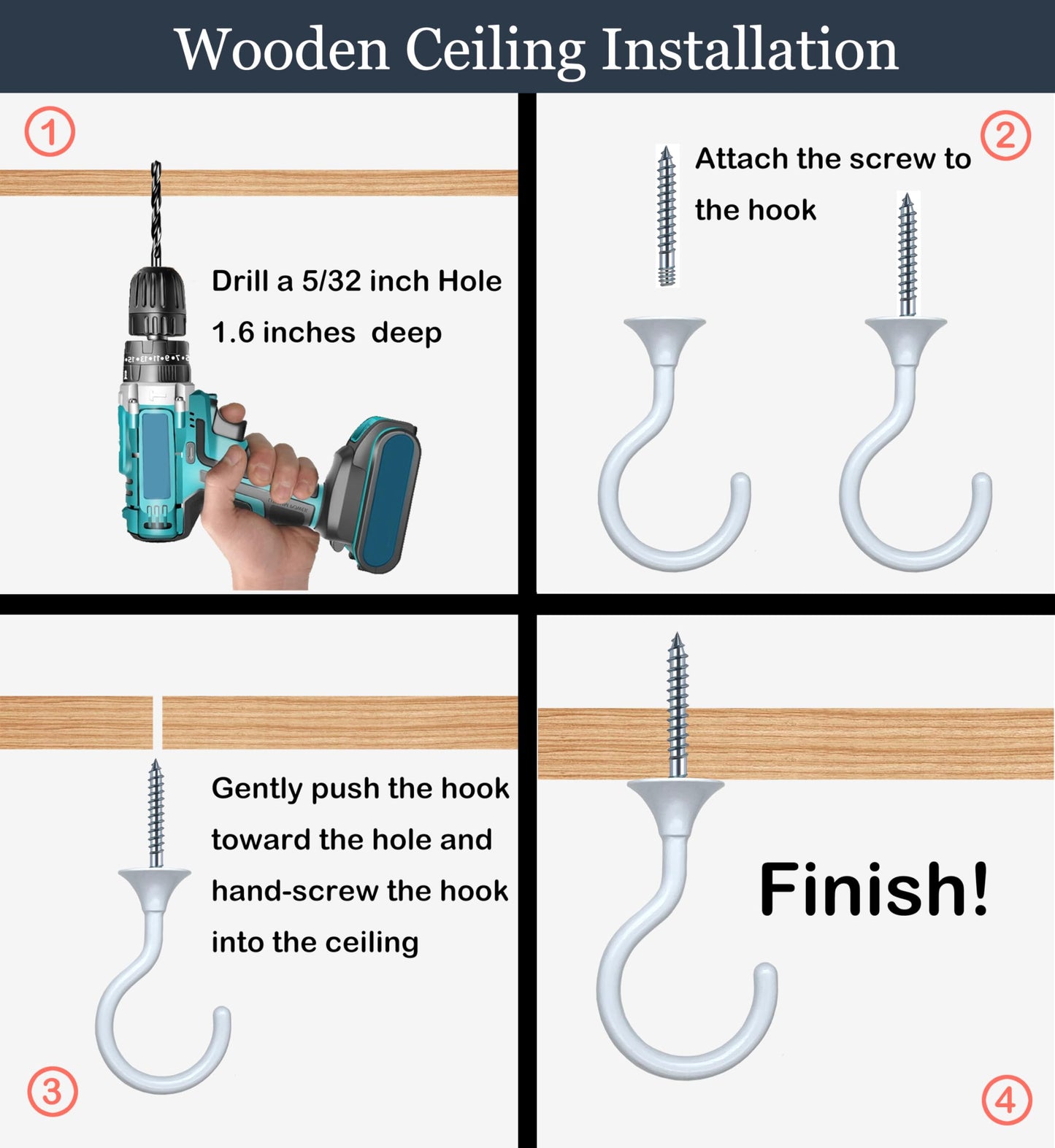 Evsteluo 4 Sets Heavy Duty Swag Ceiling Hooks with Hardware for Hanging Plants, Cavity Wall Fixing, Easy Installation, Holds Up to 30lbs, Ideal for Home & Garden (4 Sets, White)