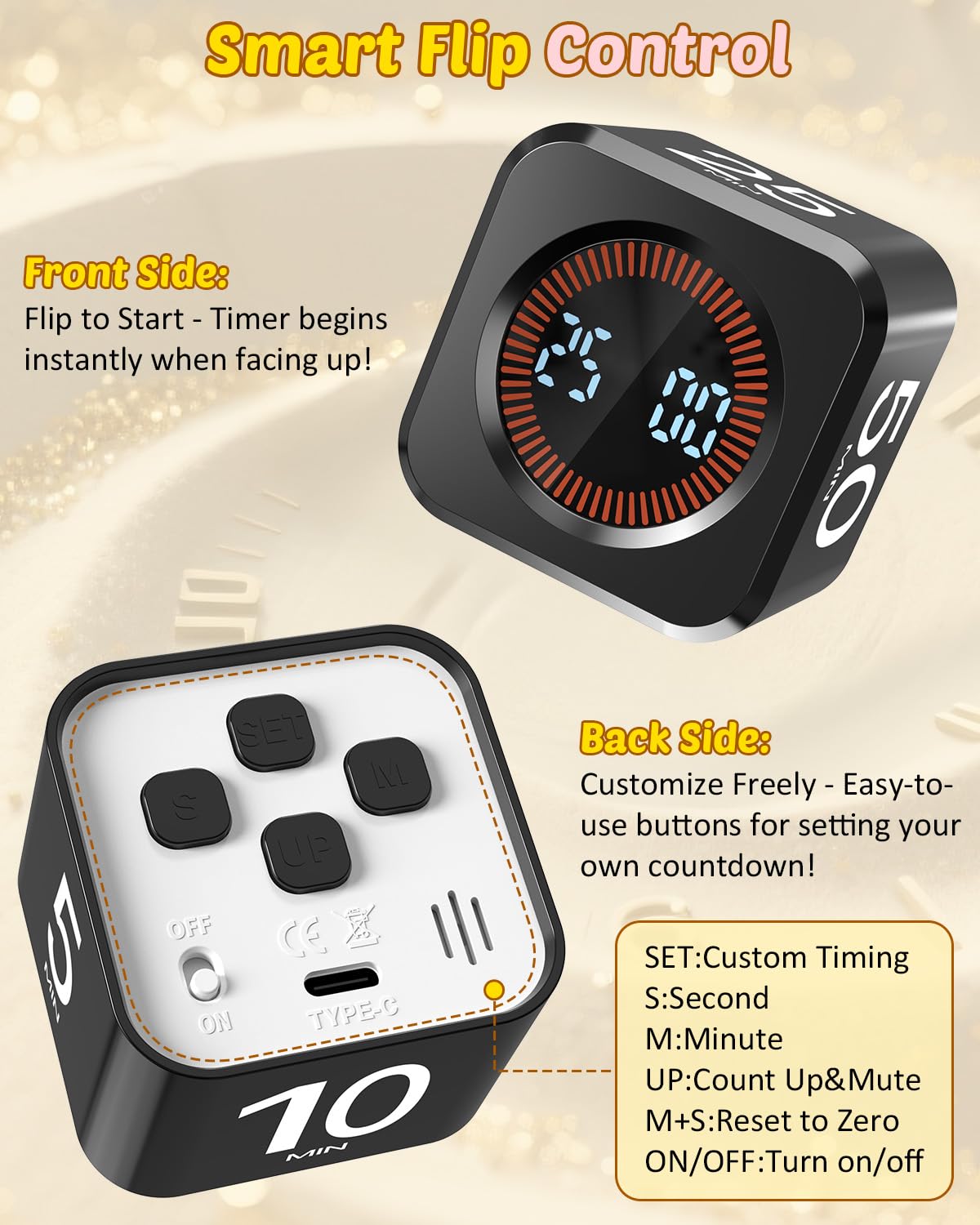 COWVTUJ Digital Pomodoro Timer Cube 5/10/25/50min, Visual Productivity Flip Timer for Kids Classroom Desk, Custom Countdown, Silent and Sound Mode for ADHD Study Work Game Kitchen (Black)