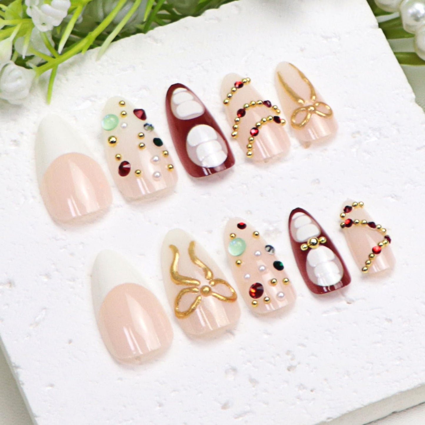 Press on Nails Medium Almond Fake Nails with 3D Water Droplets Pearl Rhinestones Bow Designs White French Tip Glue on Nails Press ons Nude Pink False Nails for Women 24Pcs
