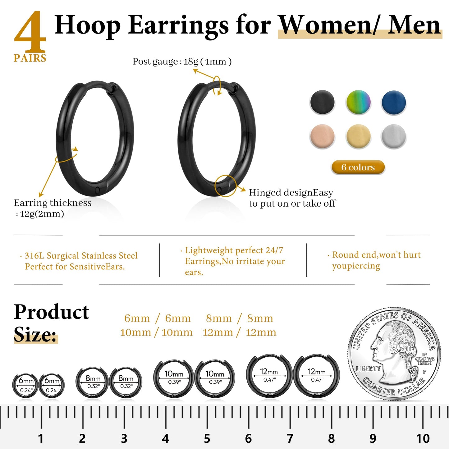Black Hoop Earrings for Women, Small Huggie Stainless Steel Black Hoop Earring Stack for Men, Hypoallergenic Cute Mini Thin Tiny Cartilage Earring Sets for Multiple Piercing Clip On Jewelry Gifts