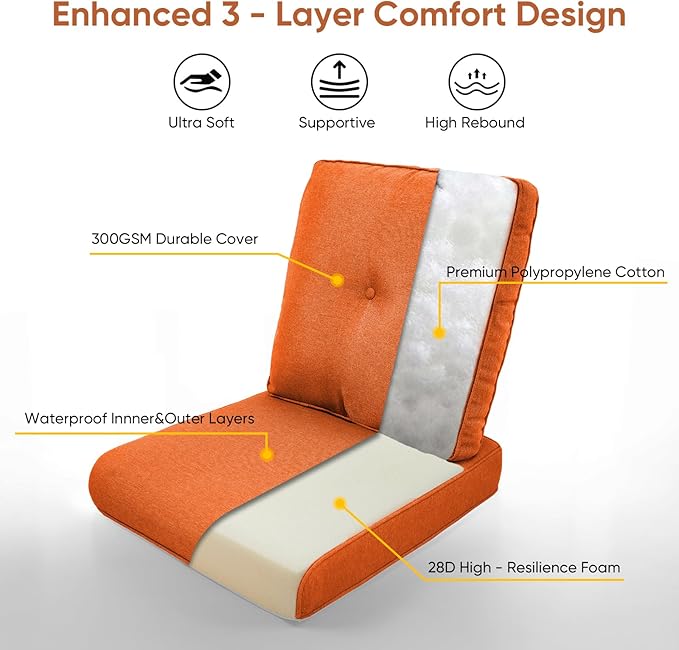 Outdoor Wicker Chair Cushions 2 Packs - Outside High Back Thick Water-Resistant Cushion 22x24 with Zipper Cover for Patio Glider Rocking Chairs Loveseat Couch – Orange/Buckle