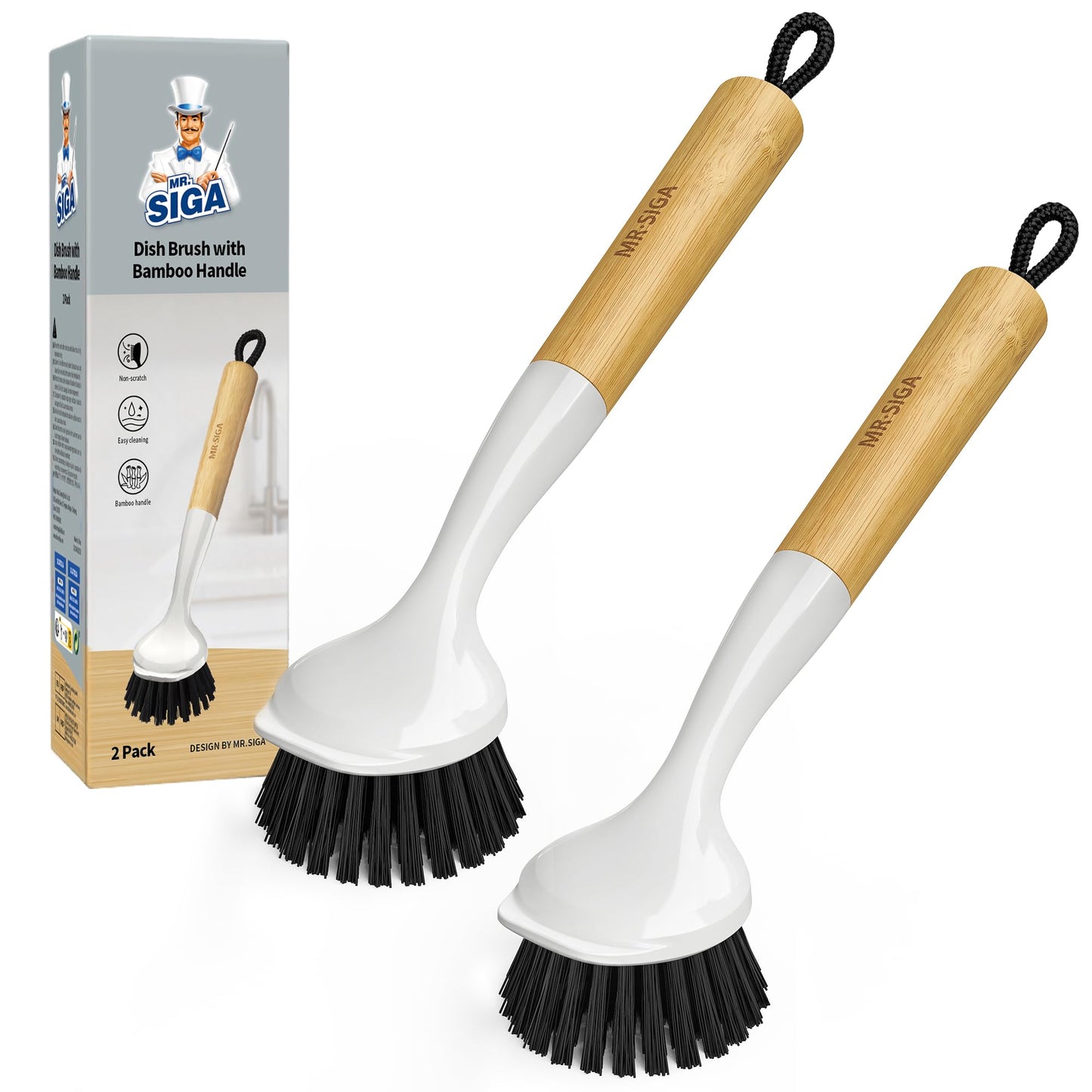 MR.SIGA Dish Brush with Handle, Dish Scrub Brush with Built-in Scraper, Bamboo Dish Brush for Pots and Pans, Kitchen Sink, 2 Pack