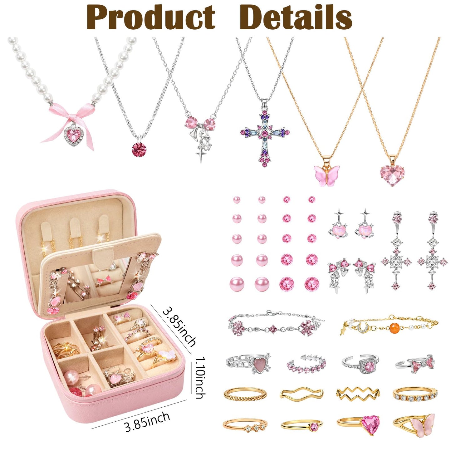 SMUOBT Jewelry Box with Jewelry Set for Women Men - Multi-Layer Organizer Storage Case with Mirror, Necklace Bracelet Hoop/Stud Earrings Rings Gift Set for Her Him, Unique Birthday Party Gift