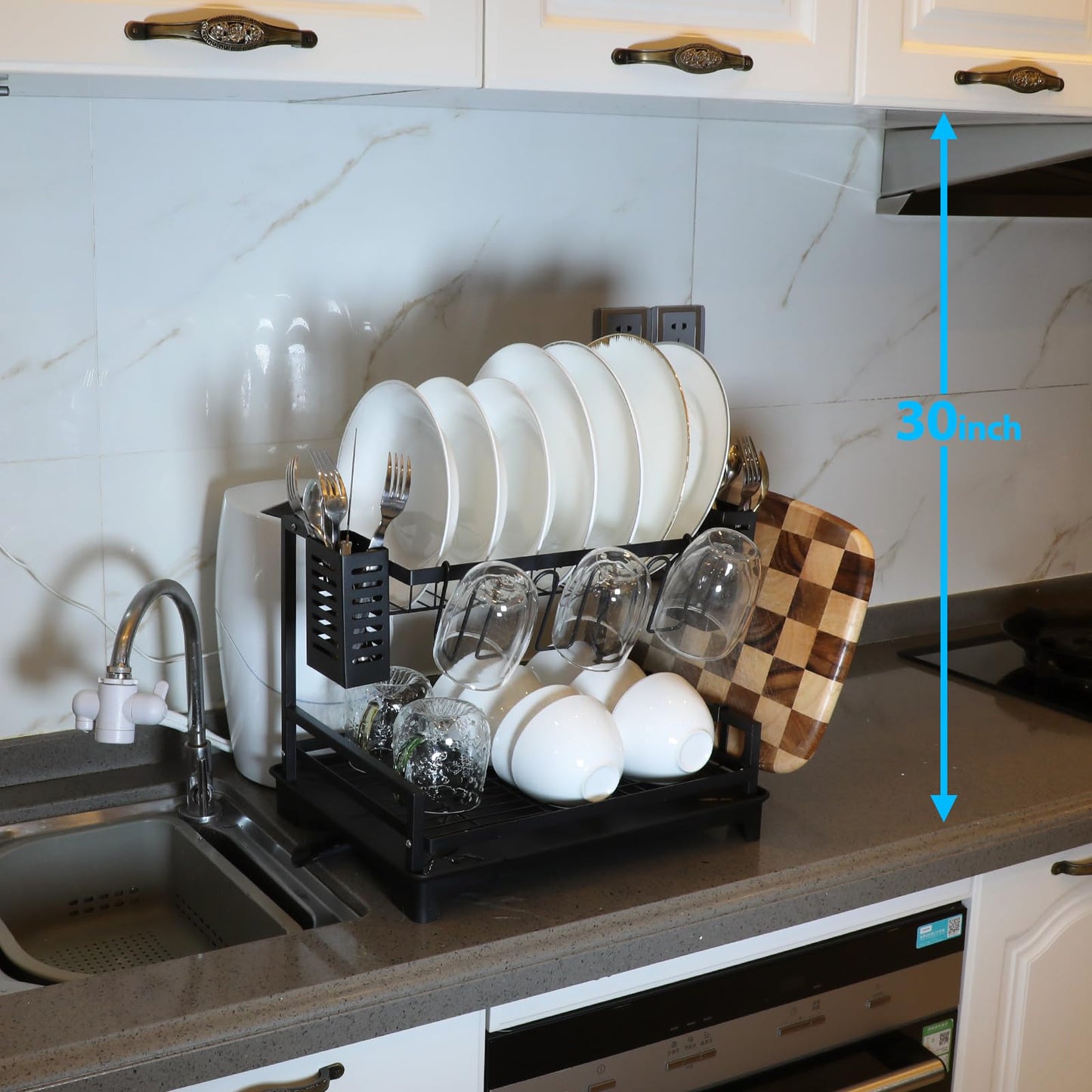 B-Land Dish Drying Rack: 2 Tier Dish Racks for Kitchen Counter and Sink - Large Dish Drying Rack with Drainboard & Utensil Holders - Stainless Steel Dish Drainers Kitchen Organization and Storage