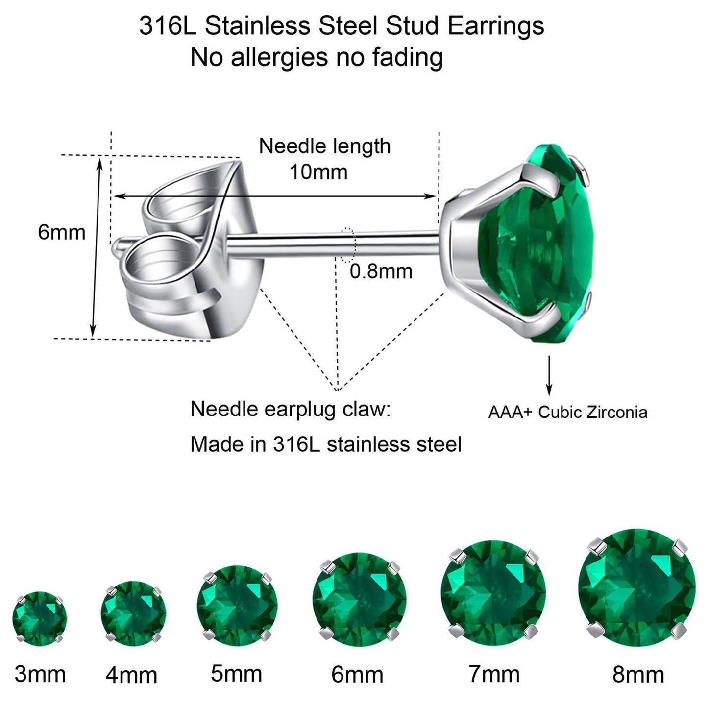 6 Pairs Stud Earrings Set, Hypoallergenic Cubic Zirconia Earrings 316L Stainless Steel CZ Earrings 3-8mm (Emerald CZ)