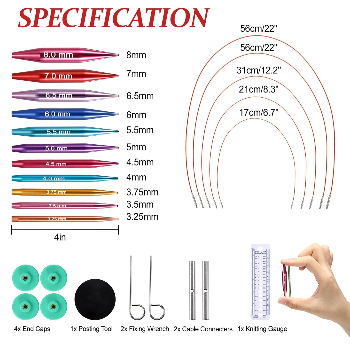 Hoowen Short Interchangeable Knitting Needles Set, 2-Inch Metal Circular Knitting Needles Kit for Beginners, 12 Pairs, Size US 2.5, 3, 4, 5, 6, 7, 8, 9, 10, 10.5, 11 with Case, Cables & Accessories