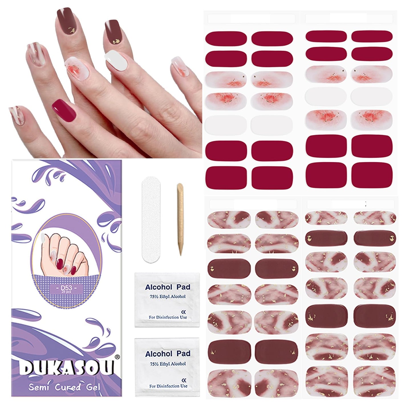 DUKASOU Semi Cured Gel Nail Strips, 56Pcs Fall Gel Nail Stickers/Wraps, Long Lasting UV Nail Polish Strips for Adults（Red+Wine Red）