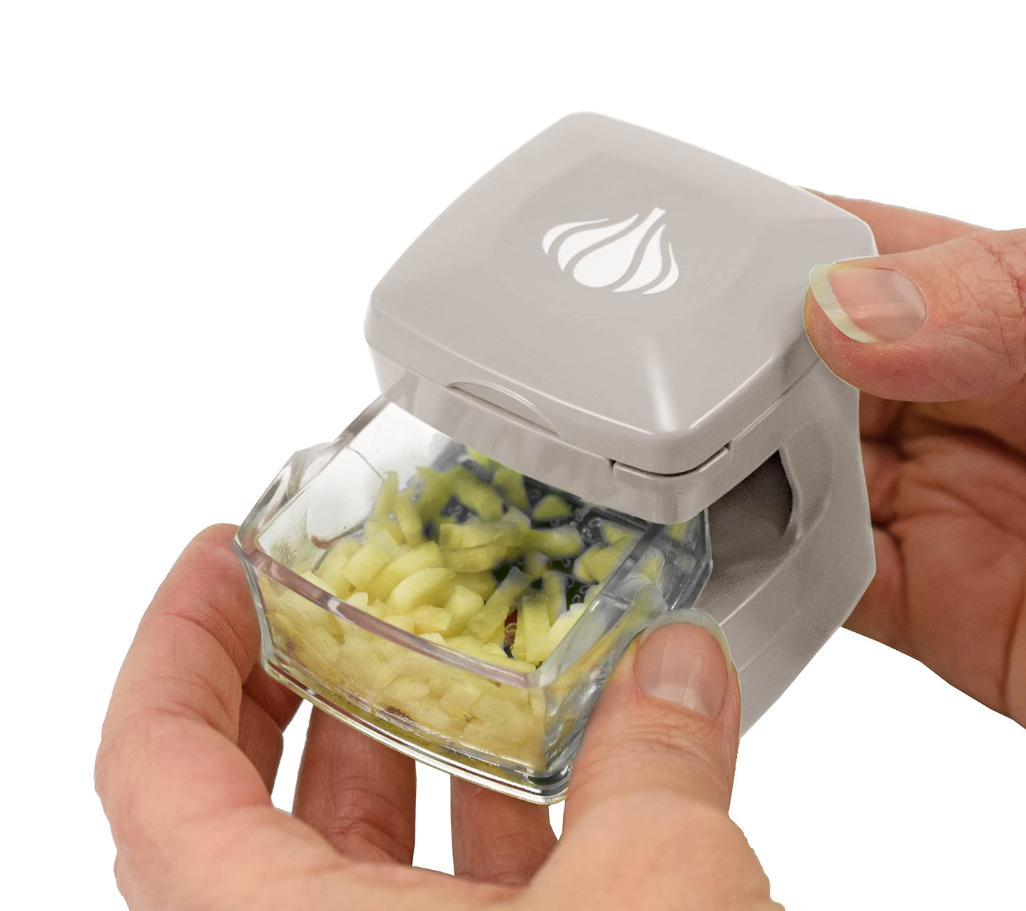 Kitchen Innovations Garlic-A-Peel Garlic Press, Crusher, Cutter, Mincer, and Storage Container - Includes Silicone Garlic Peeler - Easy to Clean - Stainless Steel Blades – (Cream), standard