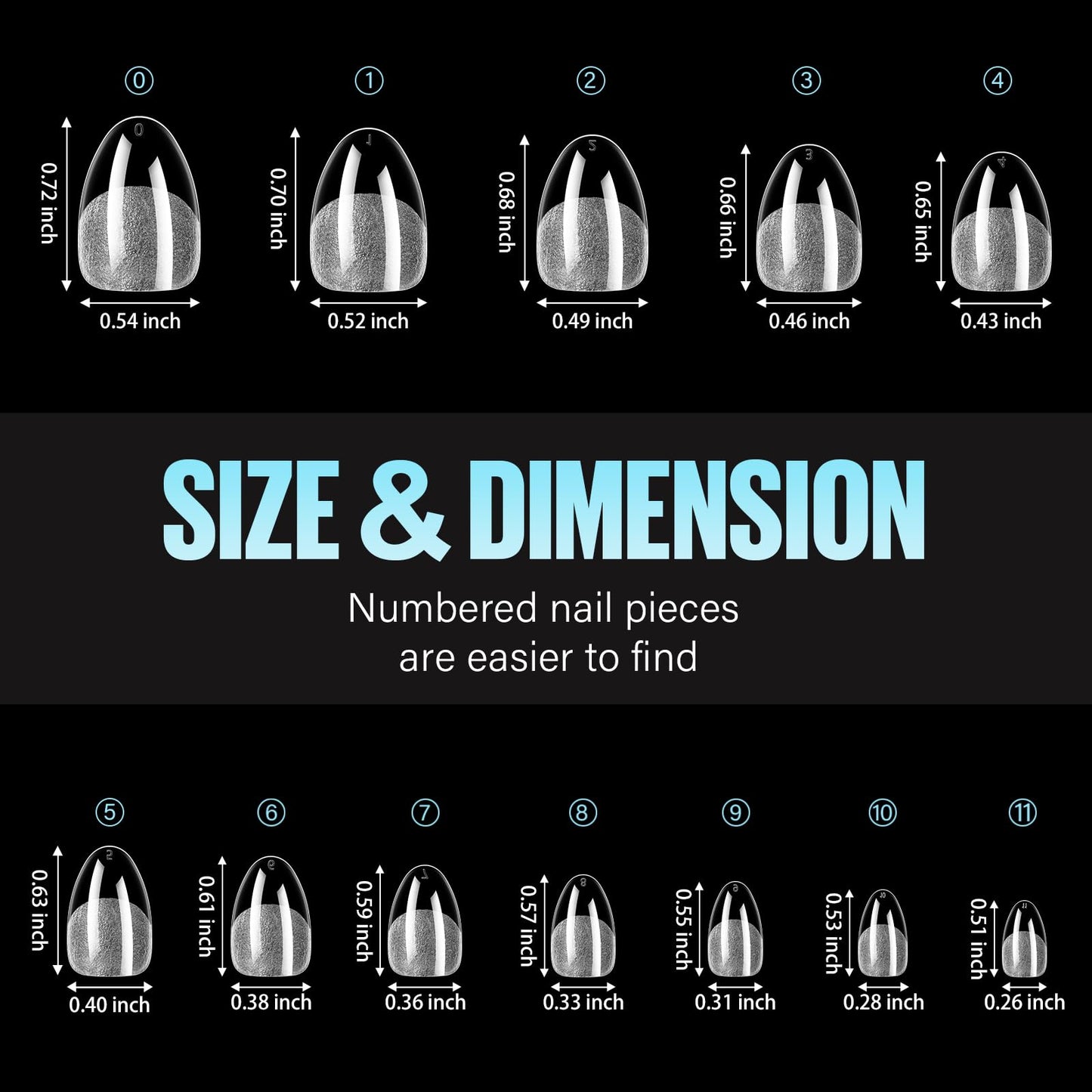 TOMICCA Extra Short Almond Nail Tips 192Pcs 12 Sizes Short Nail Tips Full Cover Half Matte Pre-shaped Clear Acrylic Nails for DIY Salon, Gel Nail Extension Tips for Beginners & Nail Techs