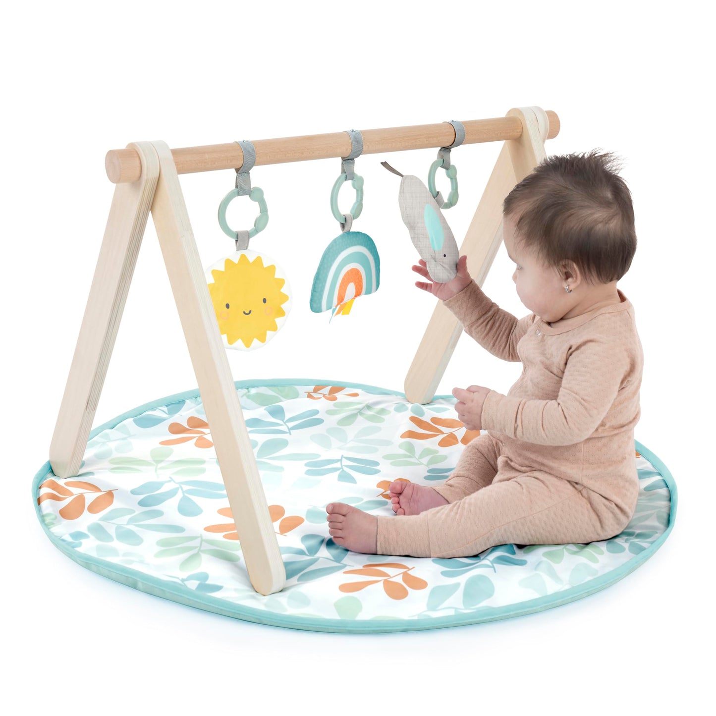 Ingenuity Sun Valley Wooden Baby Play Mat, Foldable A-Frame Bar, Machine-Washable Mat, Unisex, for Ages 0-36 Months