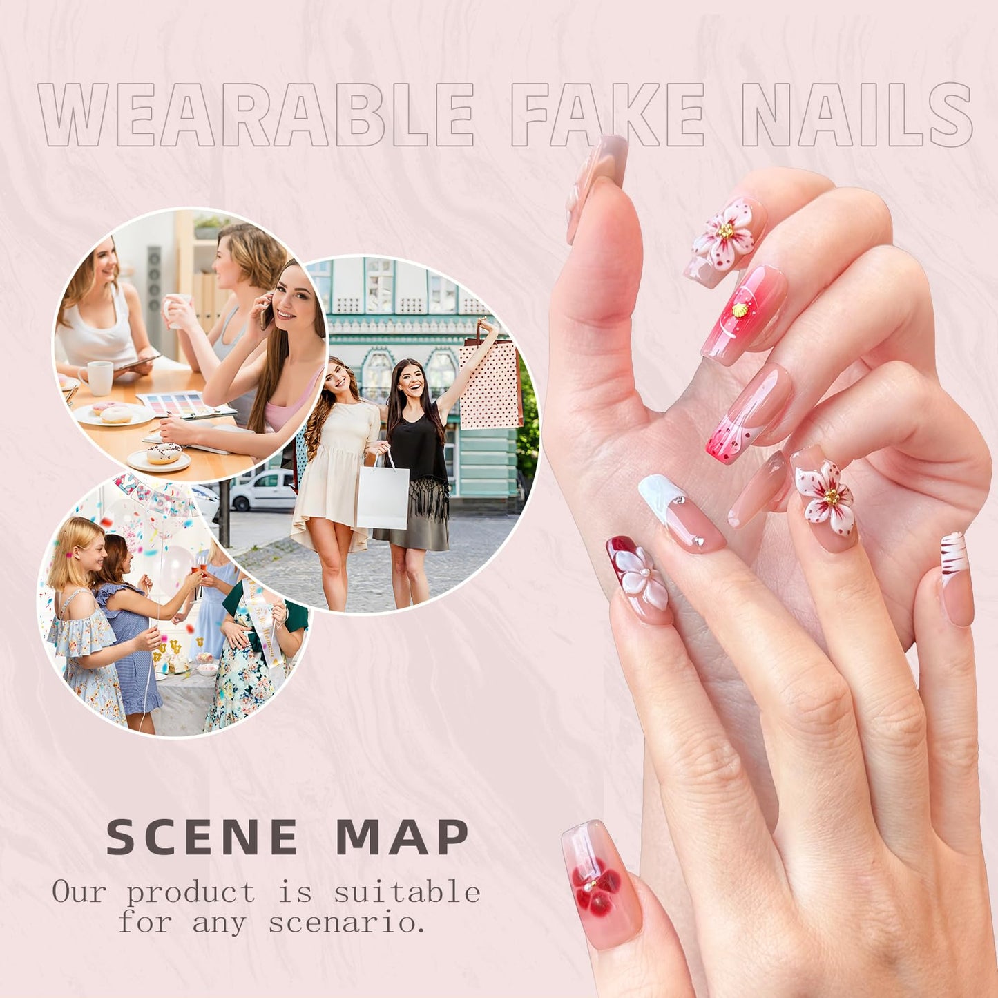Nude Pink Handmade Press On Nails – Long Coffin Rhinestone & Flower Fake Nails, Full Cover Thick Acrylic & Multi-Layer Gel Stick On Nails Spring Pattern (M-10PCS)