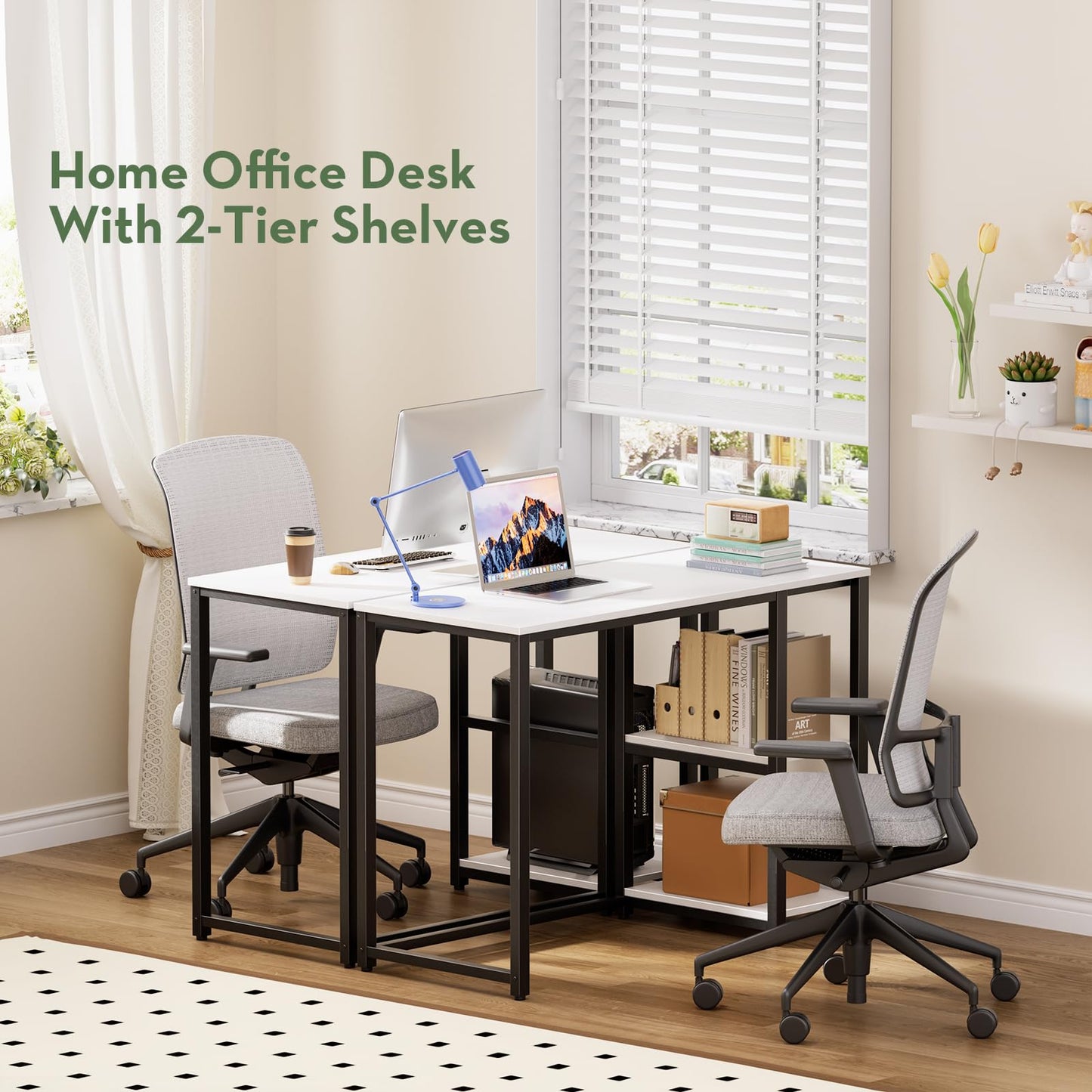 SINPAID 40 Inch Small Computer Desk with Shelves for Small Spaces, Easy Assembly Study Desk, Sturdy Writing Desk for Bedroom & Home Office, Cream White