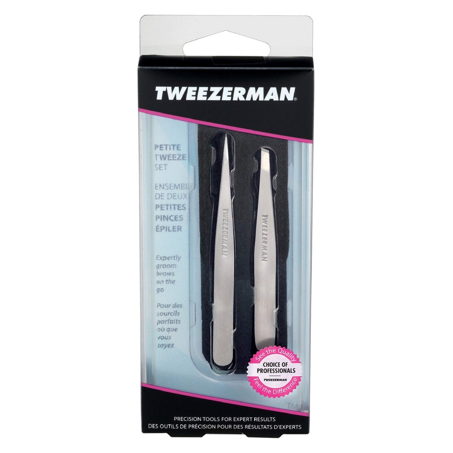 Tweezerman Petite Tweeze Set with Travel Case - Point and Slant Tweezers, Tweezers for Travel (Black Case)