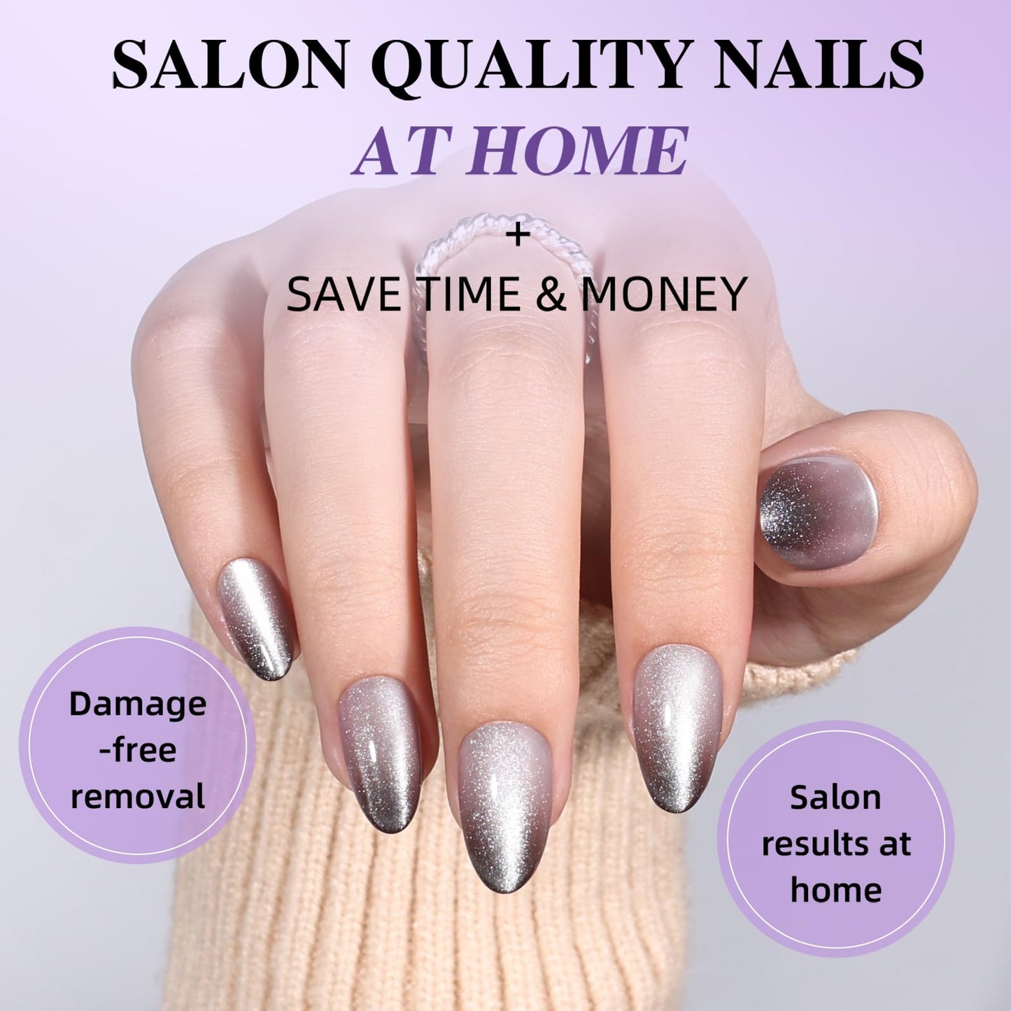 Black & White French Tip Cat Eye Press On Nails - Short Almond Press On Nails, Reusable Fake Nails with Glue, 32 PCS 16 Sizes