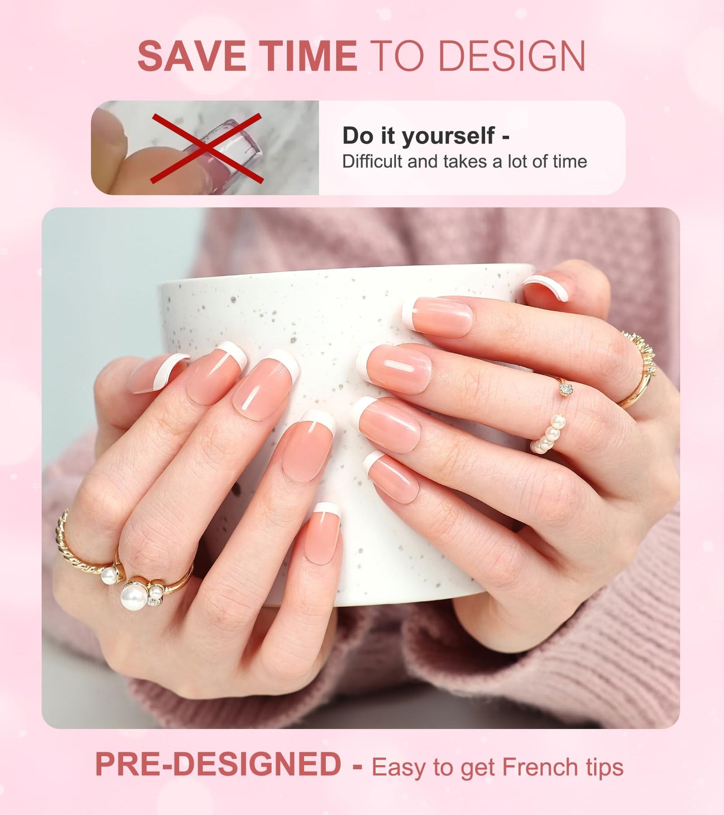 Morily Light Pink White French Tip Press on Nails - Medium Square Fake Nails Upgrade 15 Sizes Thicker False Nails with Designs Reusable Acrylic Stick on Nails for Women, 30 PCS, Include Glass File