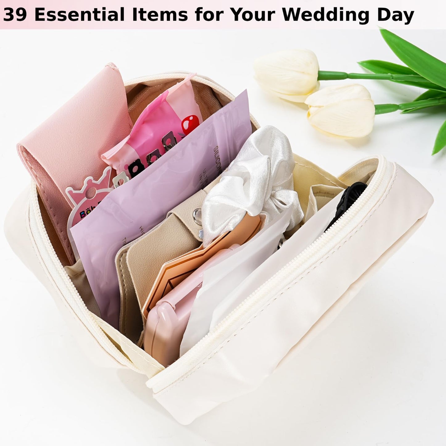 Wedding Day Emergency Kit for Bride, 39 Pc Essential Items for Brides Daily Use Women Wedding Gift, Travel Kit Personal Care Survival Set With Bride Makeup Bag - Wedding Emergency Kit Supplies (White)