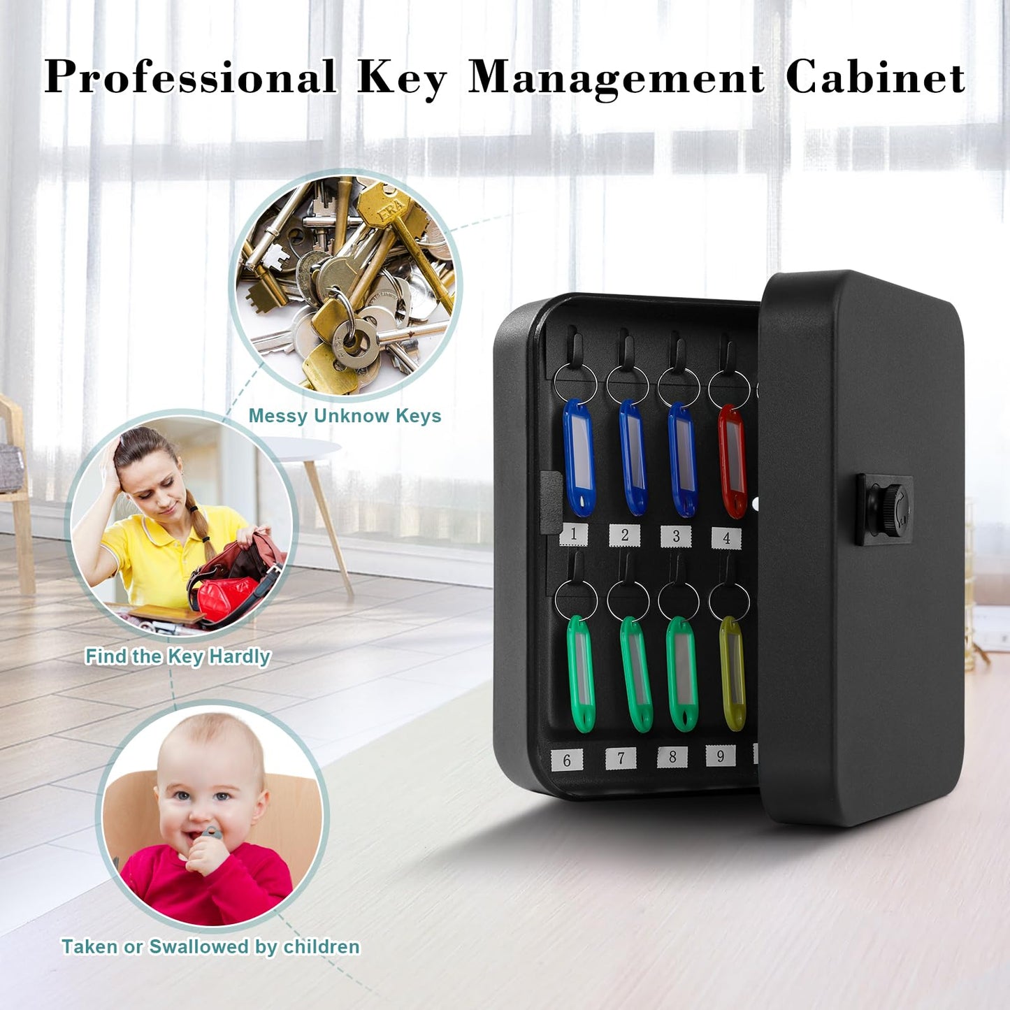 KYODOLED 20 Key Storage Lock Box with Code, Key Cabinet Organizer Wall Mount with Combination Lock, Hooks & Labels for Home, Office & Rental Properties, 7.87 x 6.3 x 3.14 in, Black