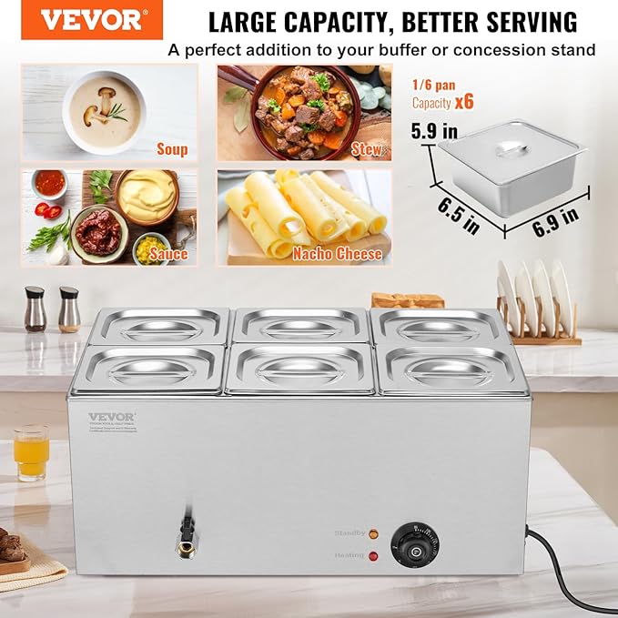 VEVOR 6-Pan Commercial Food Warmer, 14.3QT Electric Steam Table, 1200W Professional Countertop Stainless Steel Buffet Bain Marie with 86-185°F Temp Control for Catering and Restaurants, Silver