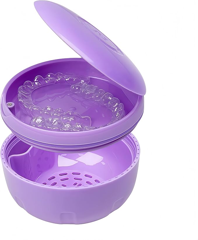 Retainer Cleaner Case,Double Layer No-Leak Denture Cup for Soaking Dentures, Denture Bath for Aligner,Retainers,Mouth Guard,Night Guard Solid Color (Purple)