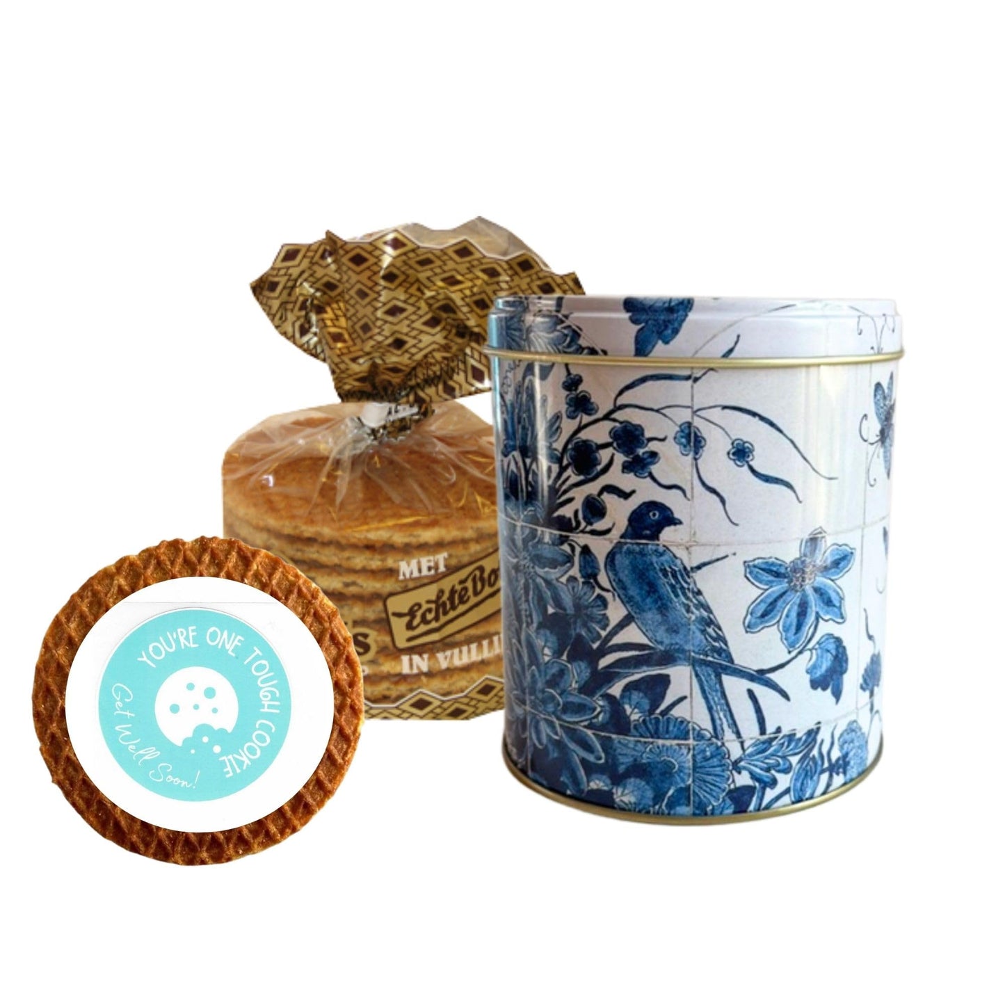 DeReuze Dutch Stroopwafels Gift Set with Decorative Netherlands Inspired Design Blue Tin and Special Occasion Gift Message Shipped in Organza Bag (Get Well Soon)