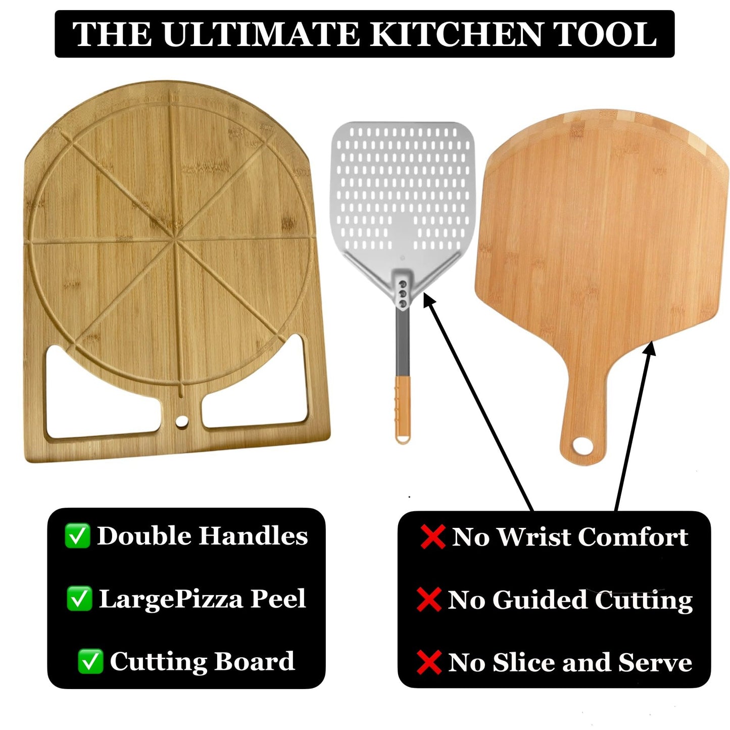 17"x13.5" Bamboo Pizza Peel & Cutting Board 2-in-1 | Dual-Grip Wooden Pizza Paddle with Pizza Spatula | Large Pizza Board Baking Accessories | Pizza Turning Peel for Oven, 2-in-1 Pizza Set