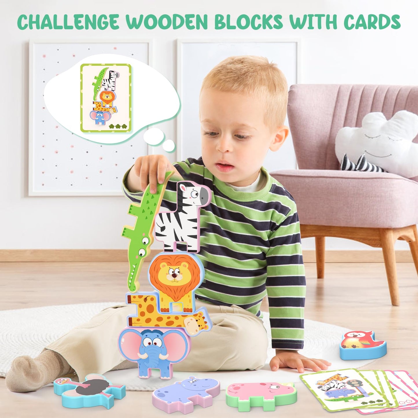Zeoddler Montessori Toys for Toddlers, 10 Pack Wooden Animal Stacking Blocks, Sorting & Stacking Preschool Learning Activities, Gift for Boys, Girls