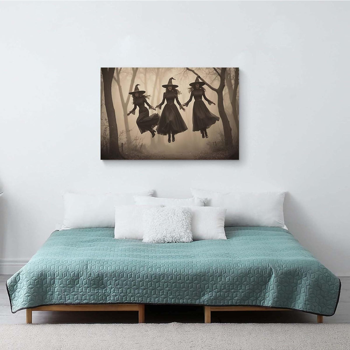 JFHCQJPK Three ghost witches flying in vintage forest gothic wall art witchcraft decoration holiday gift canvas wall art print28x40in Frameless