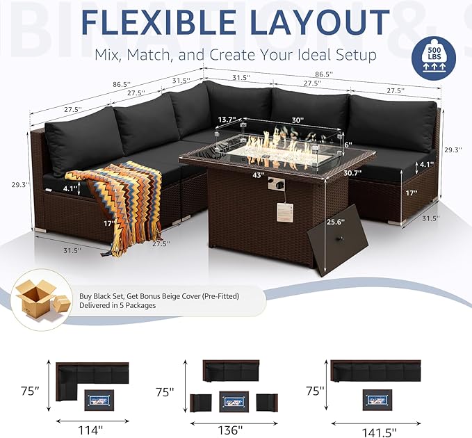 NICESOUL 6 Piece L Shaped Outdoor Sofa with Fire Pit Natural Gas/Propane, 29.3'' High-Back Comfy Wicker Patio Furniture Set Fireplace, Modern Deep Seat Conversations, Brown Rattan and Black Cushion