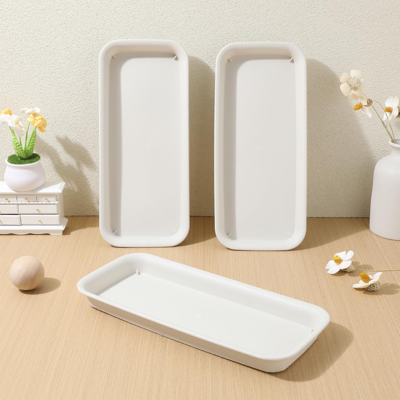 Sewroro 5pcs Plastic Plant Saucers Tray, Rectangular Flower Pots Planter Tray for Windowsill, Water Saving and Breathable Design