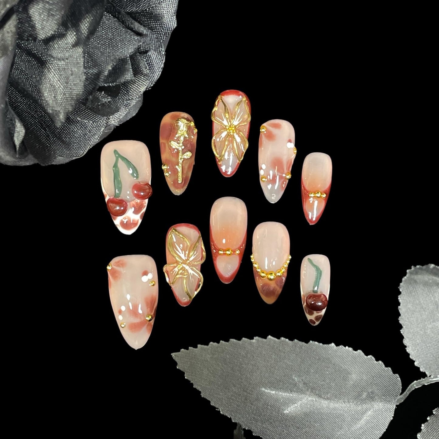 Handmade Press On Nails Medium Almond Elegant 3D Cherry & Gold Floral Accent False Nails | Nude Pink Base with Wine-Red Tips, Reusable Acrylic Fake Nails (Wine Cherry, M)