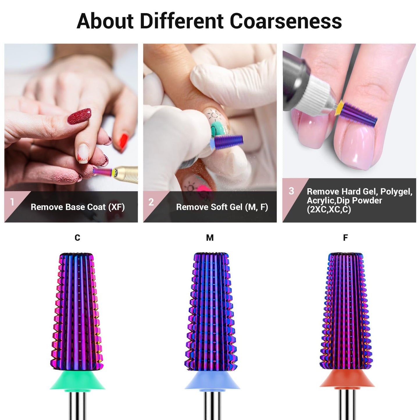 MelodySusie Professional 5 in 1 Nail Drill Bits, 3/32'' Carbide Tungsten Multi-function Bits, Suitable for Manicure Pedicure Cuticle Gel Polishing, Technicians Bits, Purple, Series Bit-M, Fine