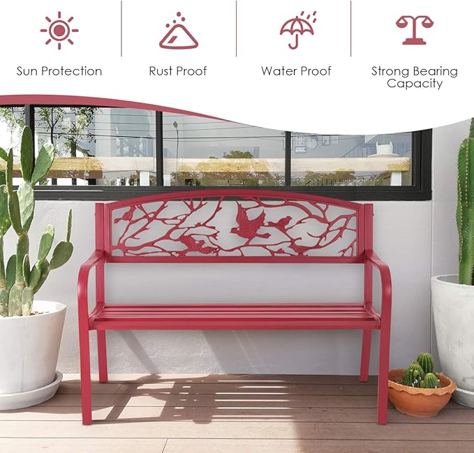 Giantex 50”Outdoor Bench with Cast Iron Backrest & Ergonomic Armrest,600 lbs Steel Metal Frame, Garden Bench for Park Front Porch Patio Lawn Backyard Balcony Path Entryway Deck, Red Bird Pattern